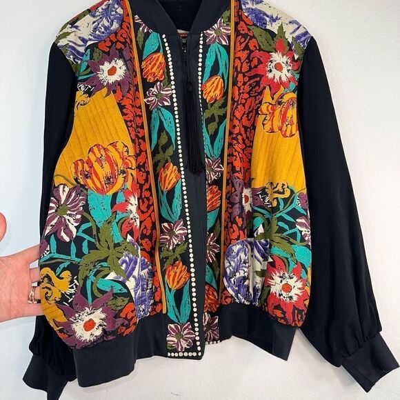 Vintage 80s A.C. Sport Boho Floral Mixed Media Bomber Jacket Womens 16W Artsy - Picture 5 of 13